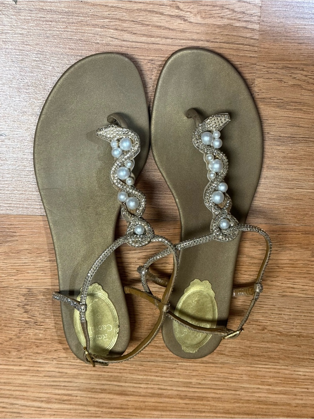 Rene Caovilla Gold Pearl-Embellished T-Strap Sandals